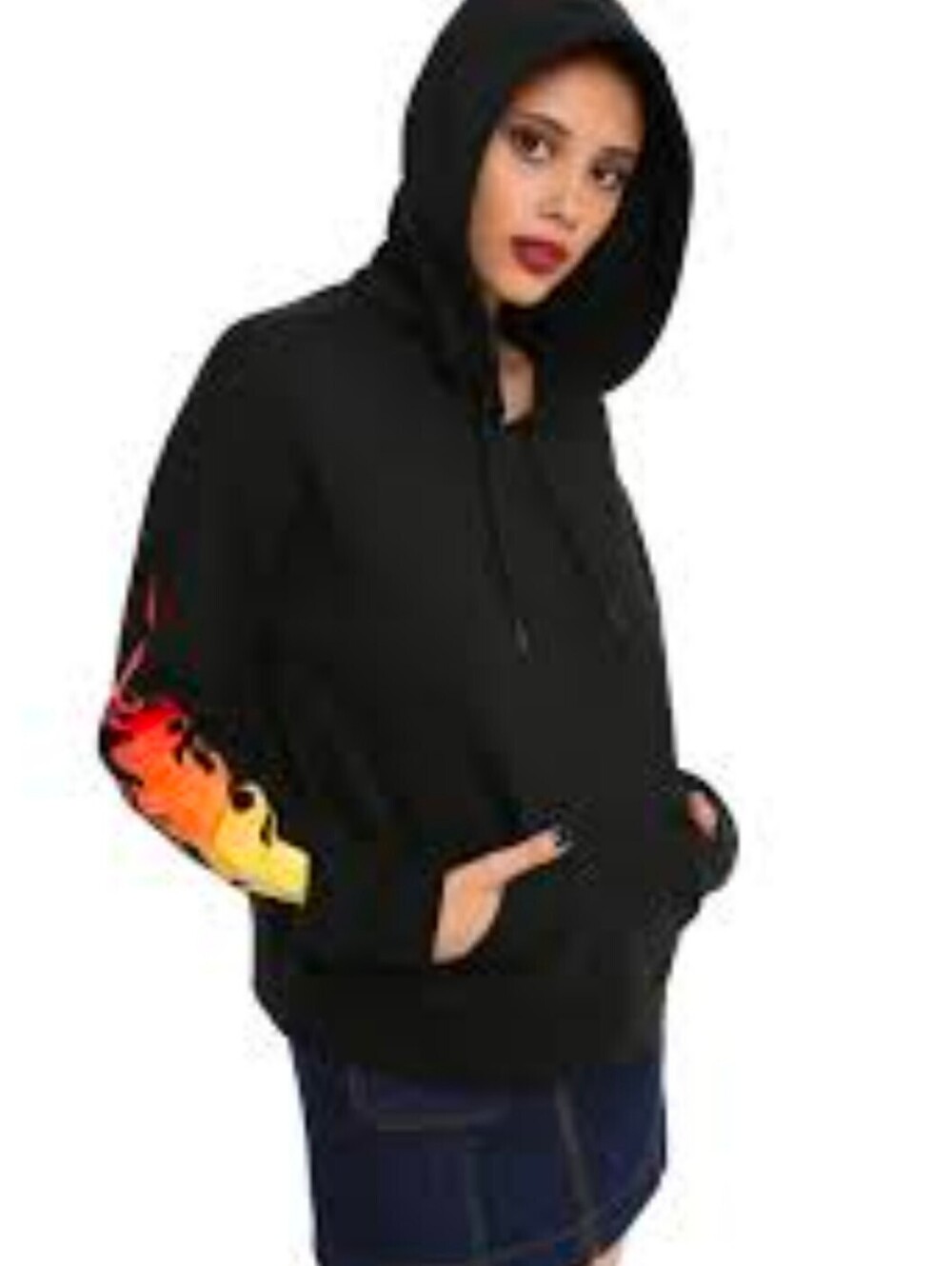 Vintage Y2K Black Hoodie with Flame Sleeve Design